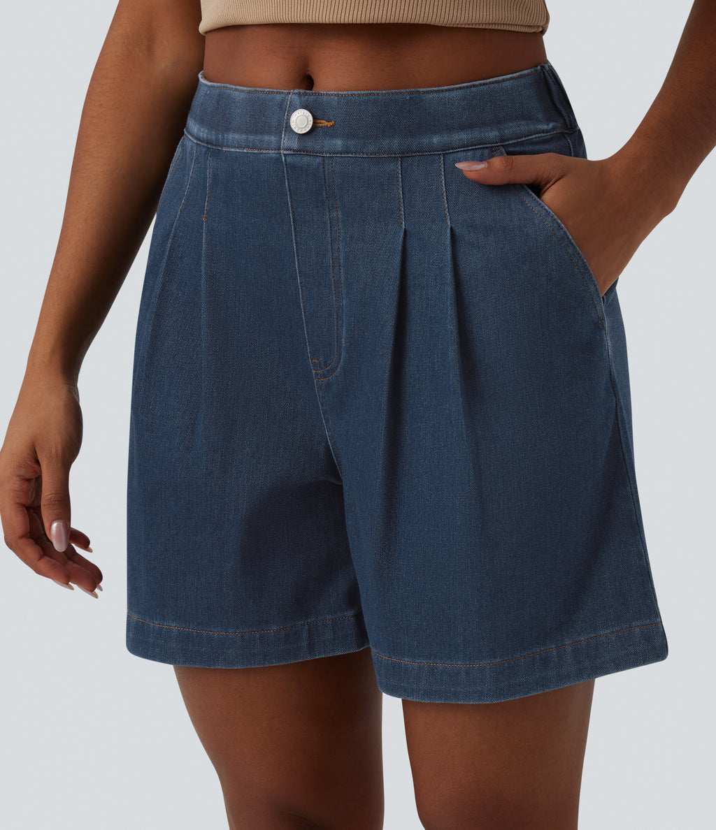 Mid Rise Denim Casual Bermuda Shorts with Pockets — Estate Blue Denim — view 4