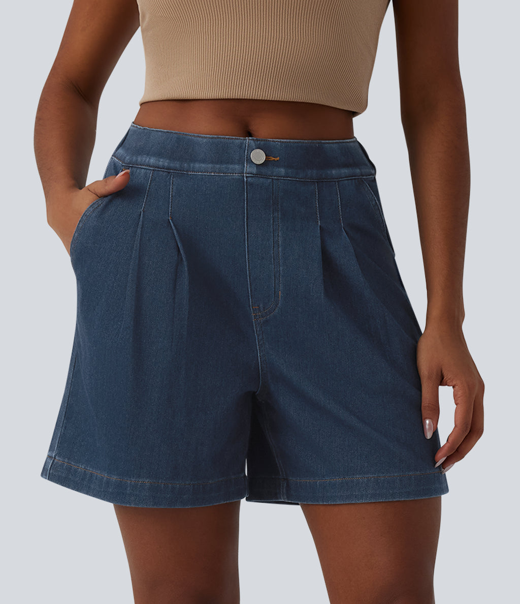 Mid Rise Denim Casual Bermuda Shorts with Pockets — Estate Blue Denim — view 3