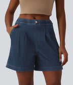 Mid Rise Denim Casual Bermuda Shorts with Pockets — Estate Blue Denim — view 3
