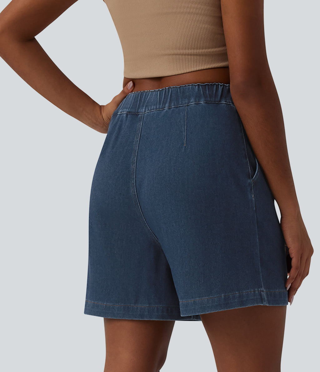 Mid Rise Denim Casual Bermuda Shorts with Pockets — Estate Blue Denim — view 2