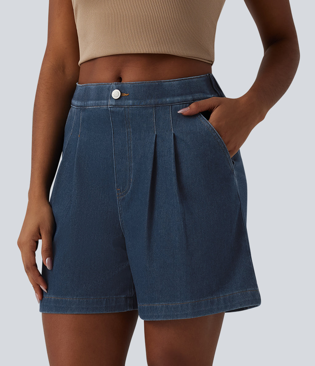 Mid Rise Denim Casual Bermuda Shorts with Pockets — Estate Blue Denim — view 1