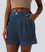 Mid Rise Denim Casual Bermuda Shorts with Pockets — Estate Blue Denim — view 1