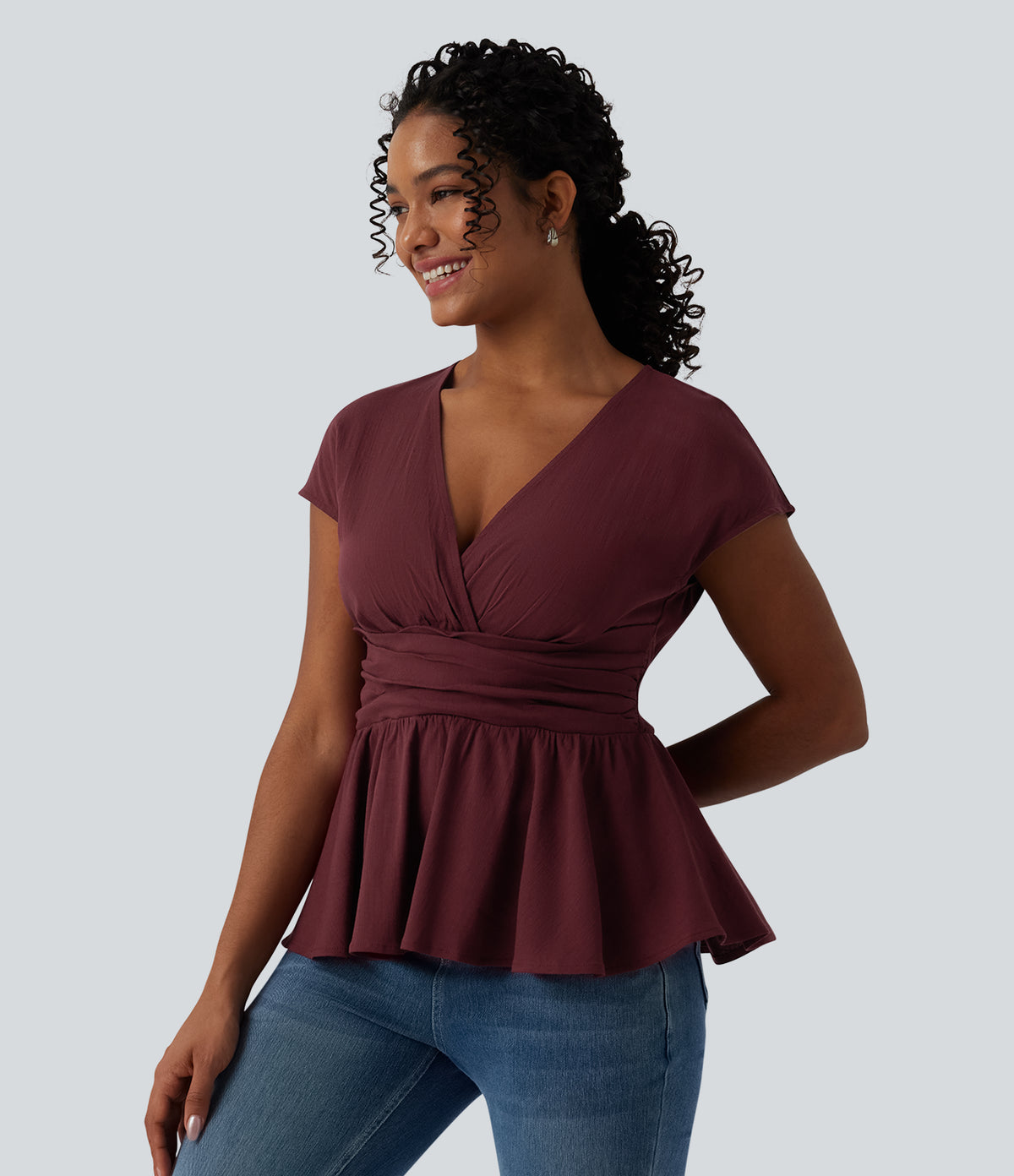 V Neck Cap Sleeve Ruffle Hem Casual Linen-Feel Top — Zinfandel — view 3