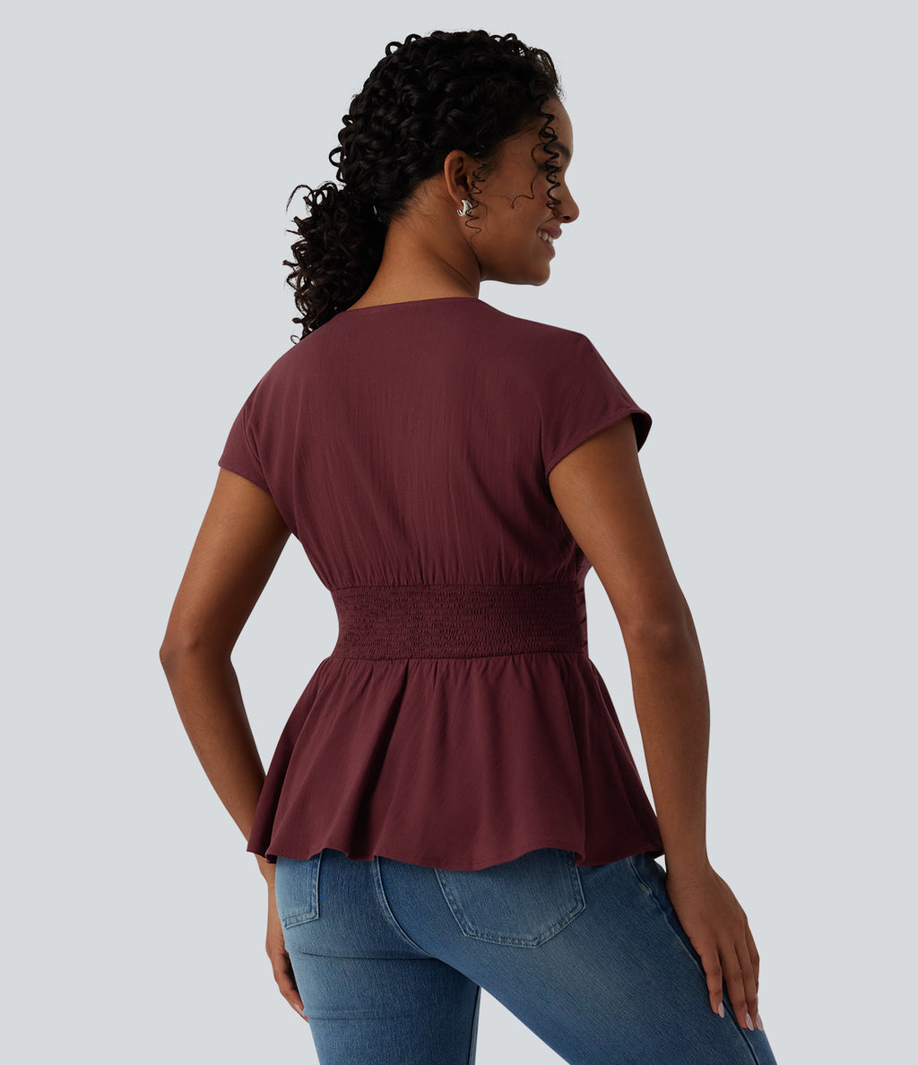 V Neck Cap Sleeve Ruffle Hem Casual Linen-Feel Top — Zinfandel — view 2