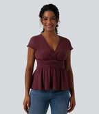 V Neck Cap Sleeve Ruffle Hem Casual Linen-Feel Top — Zinfandel — view 4