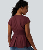 V Neck Cap Sleeve Ruffle Hem Casual Linen-Feel Top — Zinfandel — view 5