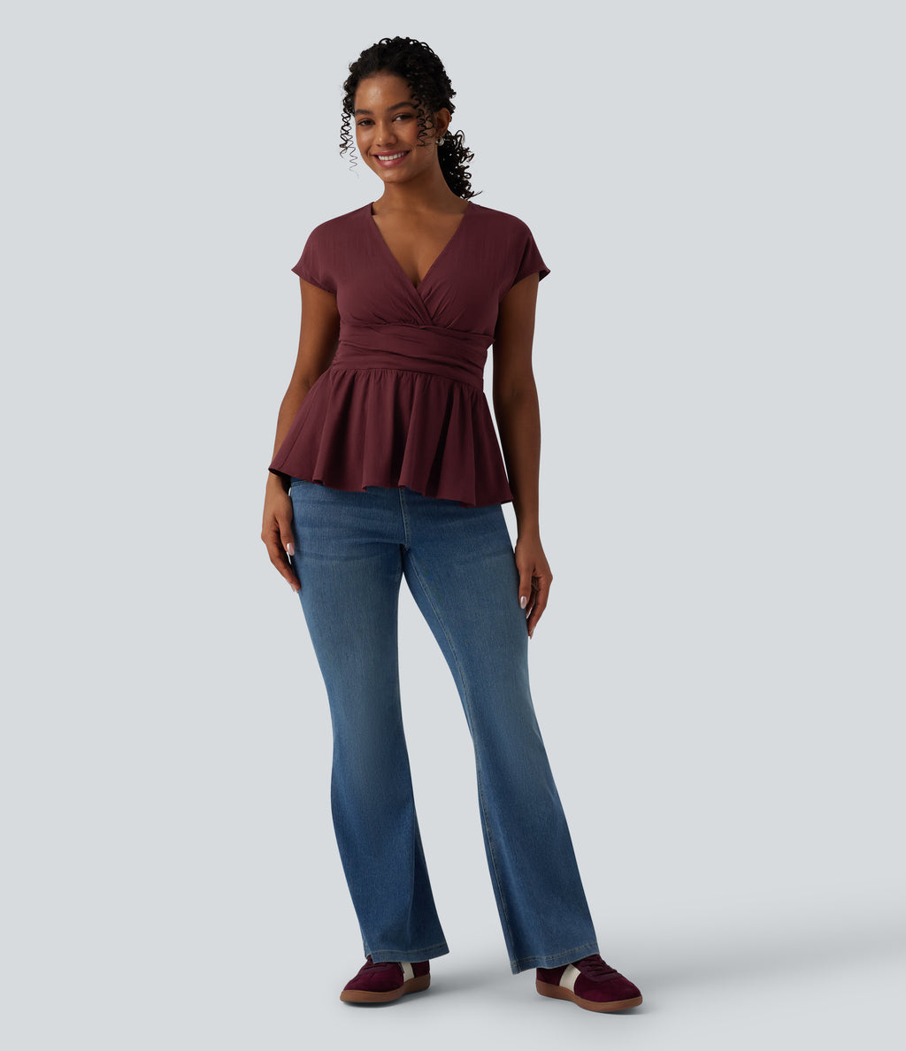 V Neck Cap Sleeve Ruffle Hem Casual Linen-Feel Top — Zinfandel — view 7