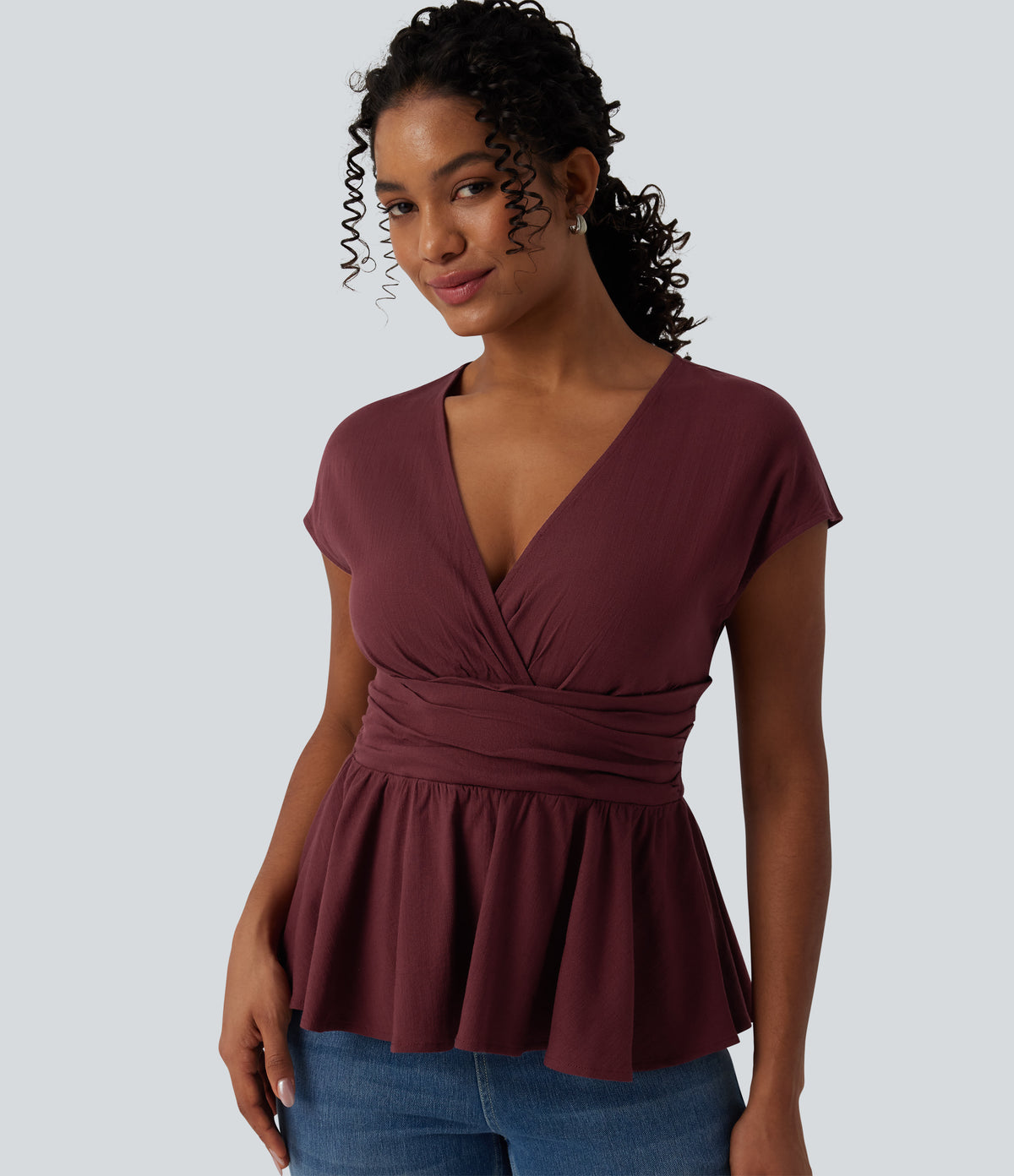 V Neck Cap Sleeve Ruffle Hem Casual Linen-Feel Top — Zinfandel — view 1