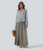 Tie Front Long Sleeve Ruffle Hem Stripe Linen-Feel Blouse — Still Line — view 7