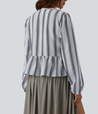 Tie Front Long Sleeve Ruffle Hem Stripe Linen-Feel Blouse — Still Line — view 5