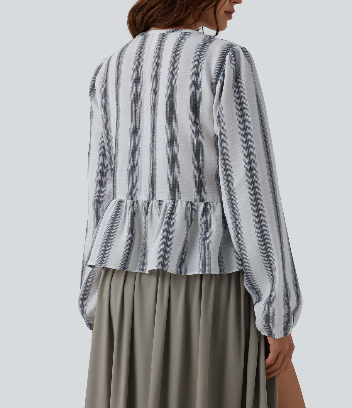 Tie Front Long Sleeve Ruffle Hem Stripe Linen-Feel Blouse — Still Line — view 5