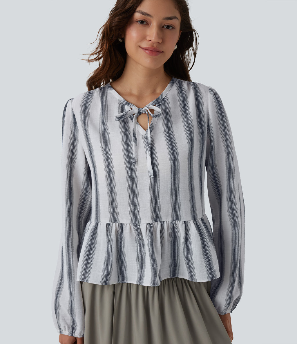 Tie Front Long Sleeve Ruffle Hem Stripe Linen-Feel Blouse — Still Line — view 1