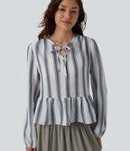 Tie Front Long Sleeve Ruffle Hem Stripe Linen-Feel Blouse — Still Line — view 1