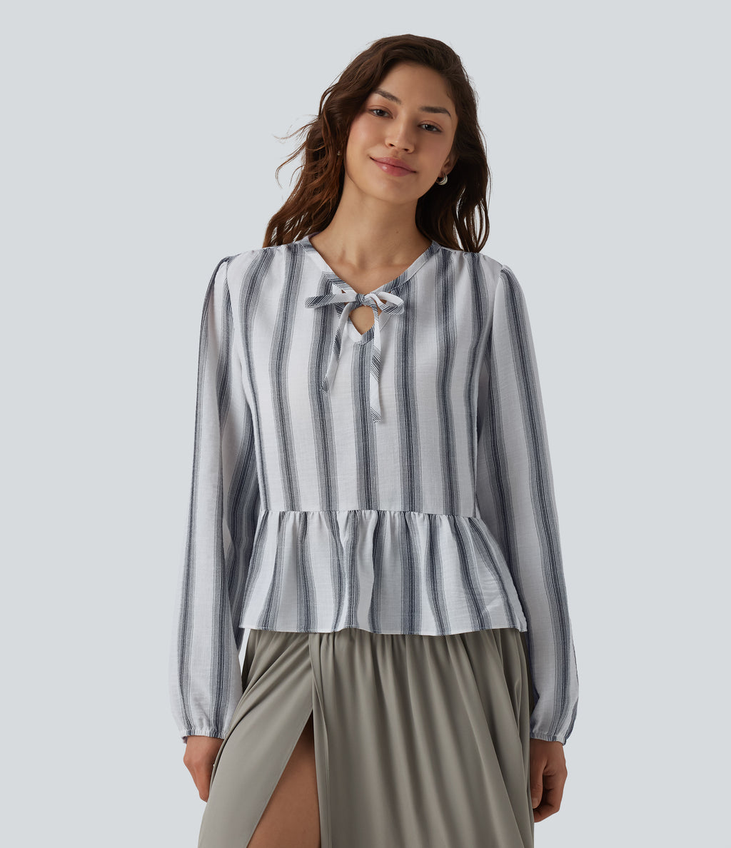 Tie Front Long Sleeve Ruffle Hem Stripe Linen-Feel Blouse — Still Line — view 4