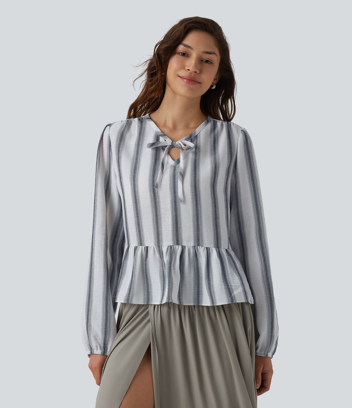 Tie Front Long Sleeve Ruffle Hem Stripe Linen-Feel Blouse — Still Line — view 4