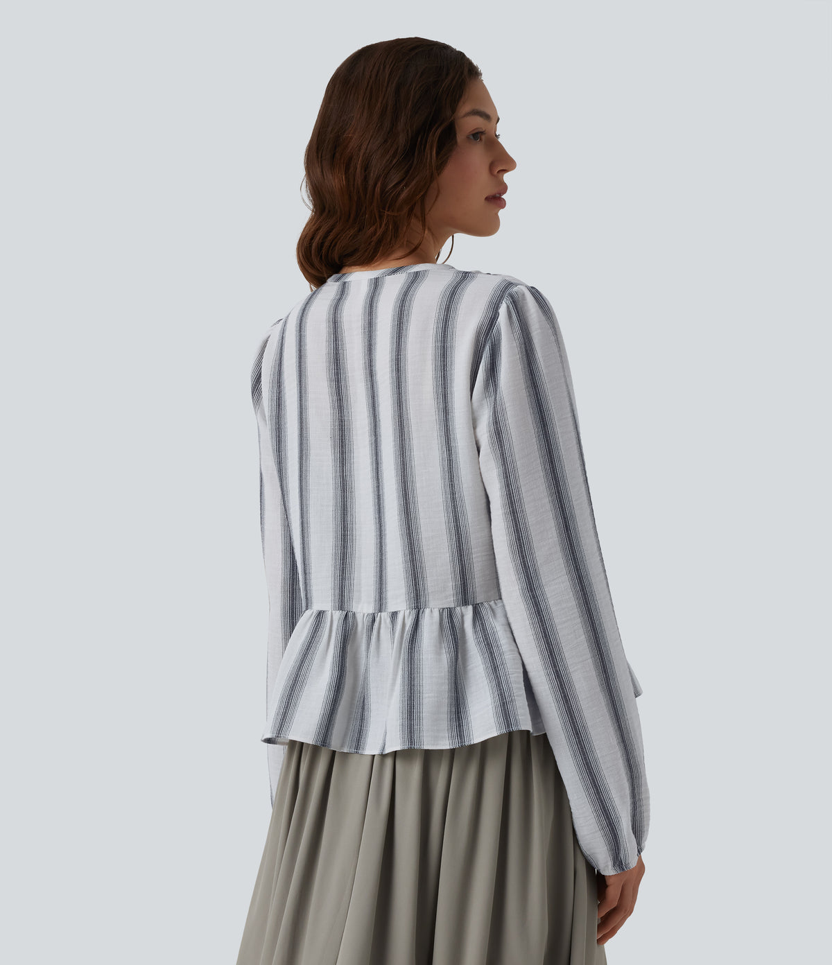 Tie Front Long Sleeve Ruffle Hem Stripe Linen-Feel Blouse — Still Line — view 2