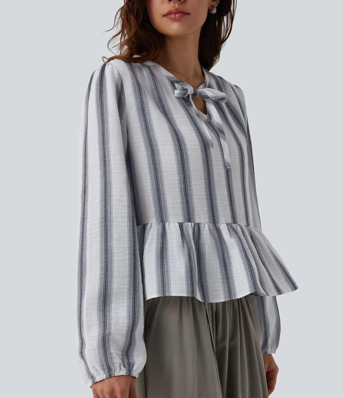 Tie Front Long Sleeve Ruffle Hem Stripe Linen-Feel Blouse — Still Line — view 6
