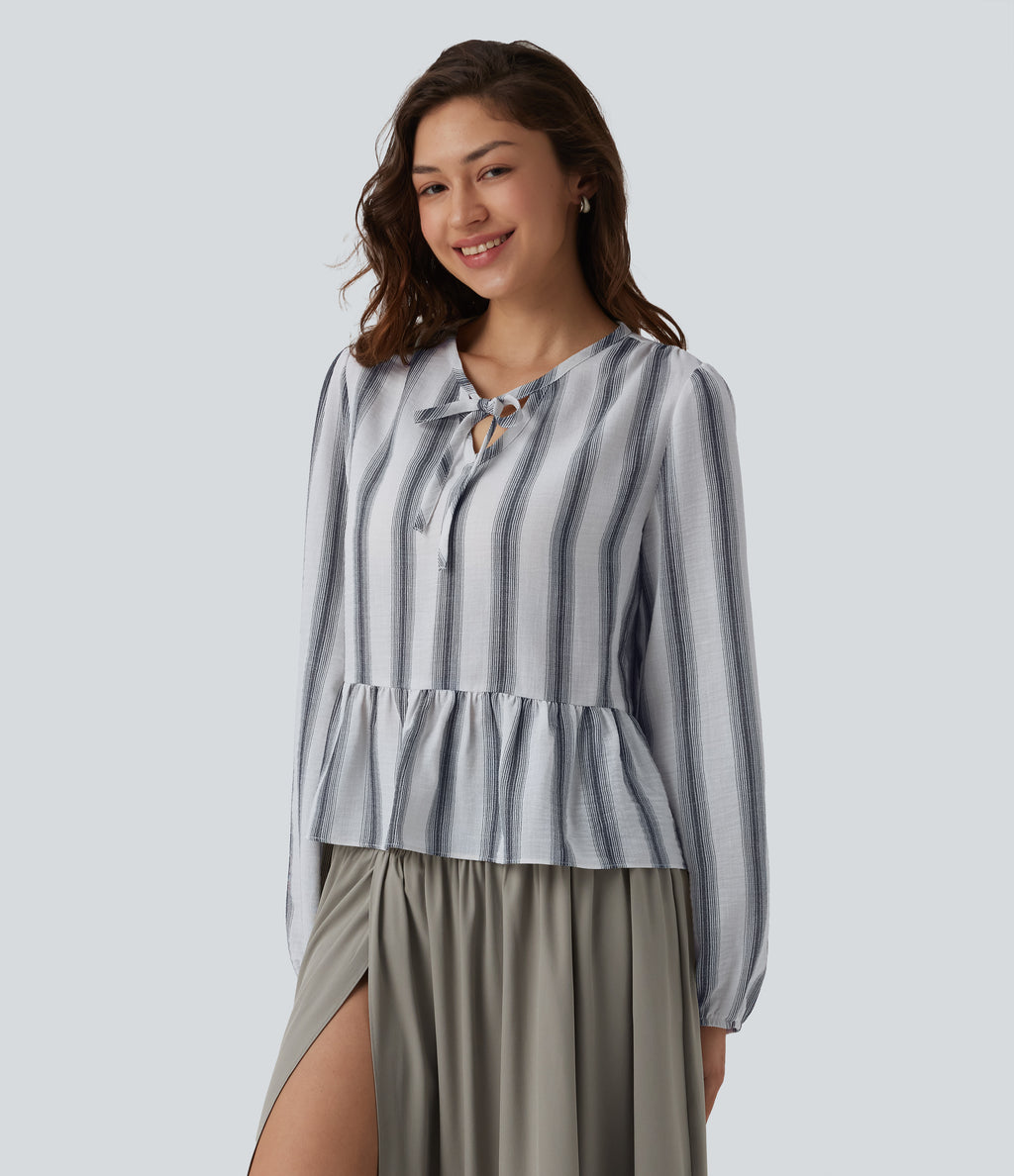Tie Front Long Sleeve Ruffle Hem Stripe Linen-Feel Blouse — Still Line — view 3