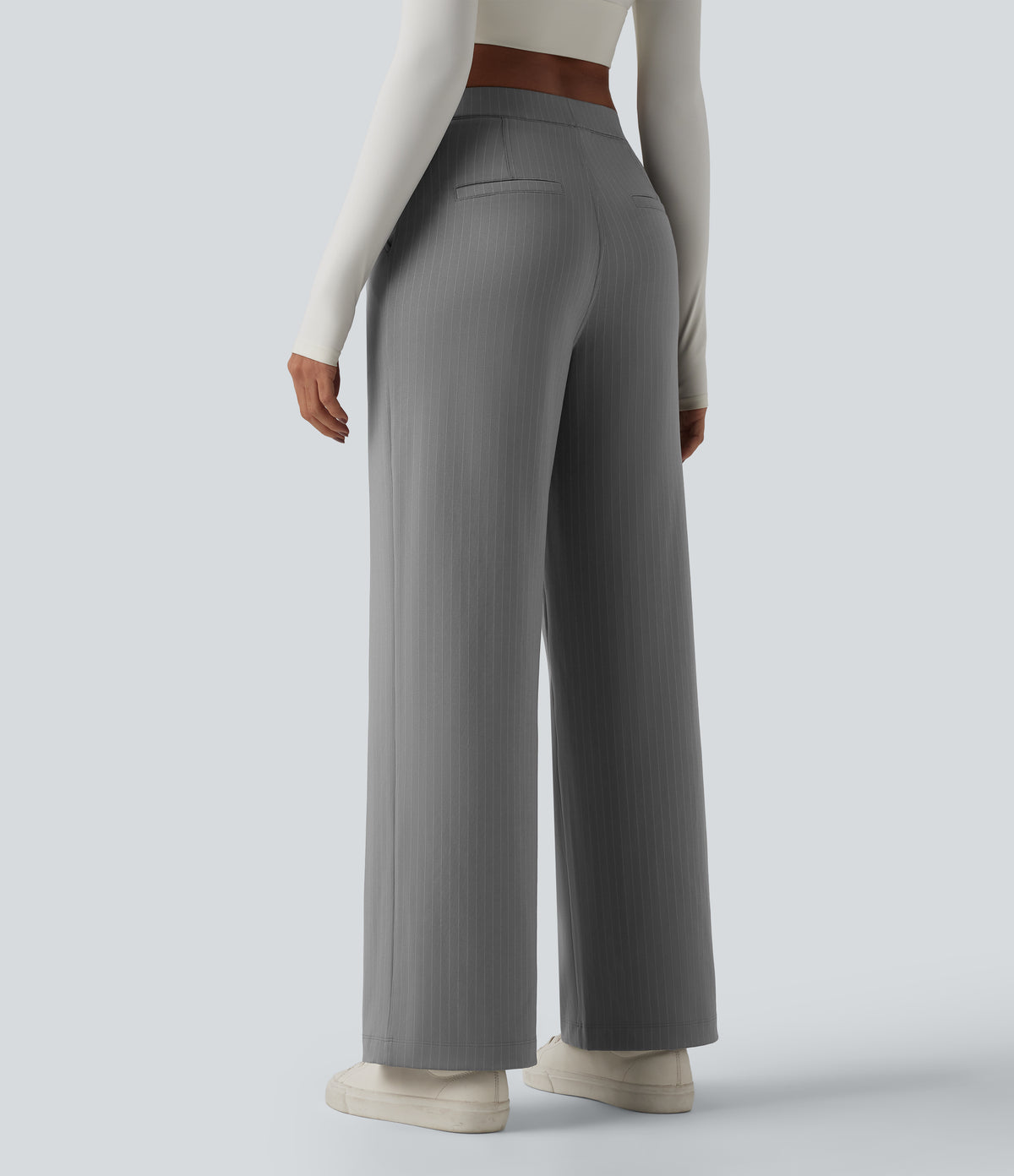 High Waisted Straight Leg Stripe Work Trousers with Pockets — Dusk Smoke Pinstripe — view 1