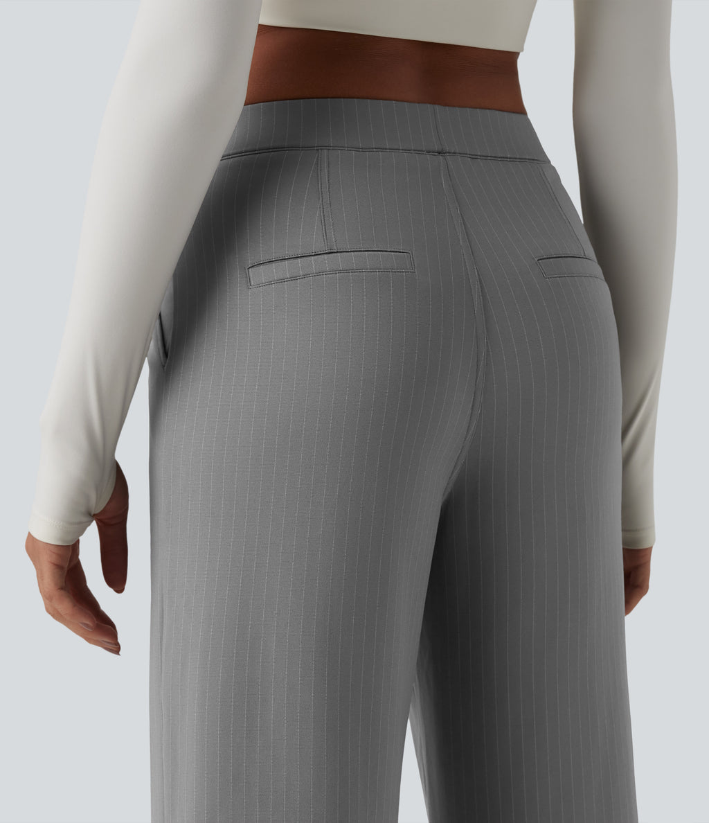 High Waisted Straight Leg Stripe Work Trousers with Pockets — Dusk Smoke Pinstripe — view 4