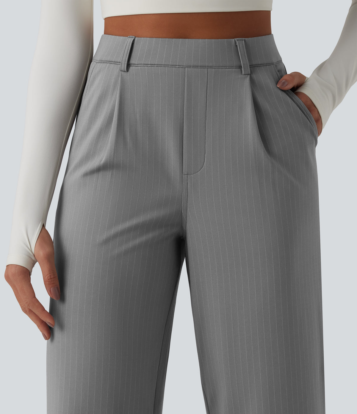 High Waisted Straight Leg Stripe Work Trousers with Pockets — Dusk Smoke Pinstripe — view 5