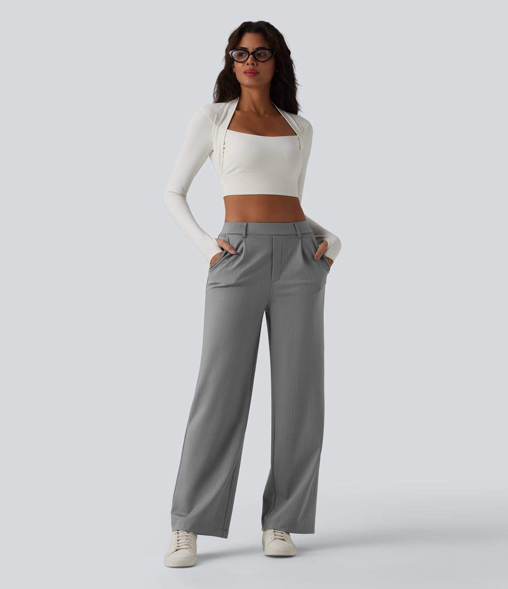 High Waisted Straight Leg Stripe Work Trousers with Pockets — Dusk Smoke Pinstripe — view 6