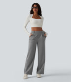 High Waisted Straight Leg Stripe Work Trousers with Pockets — Dusk Smoke Pinstripe — view 6