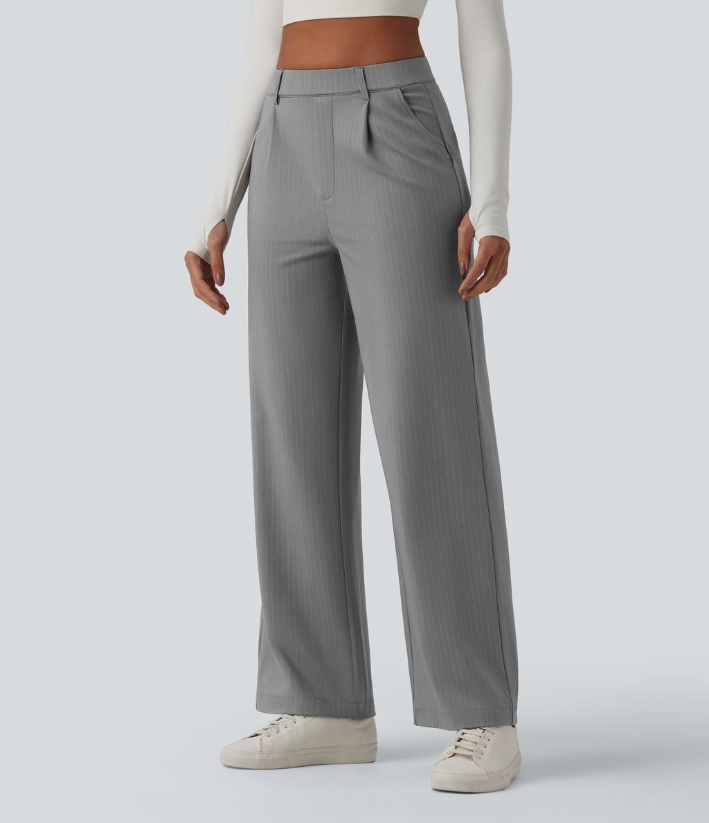 High Waisted Straight Leg Stripe Work Trousers with Pockets — Dusk Smoke Pinstripe — view 3