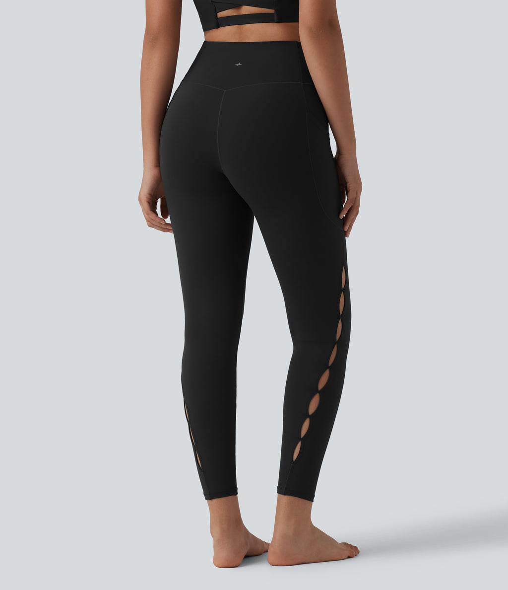Crossover High Waisted Cut-out Yoga 7/8 Leggings with Pockets — Black — view 1