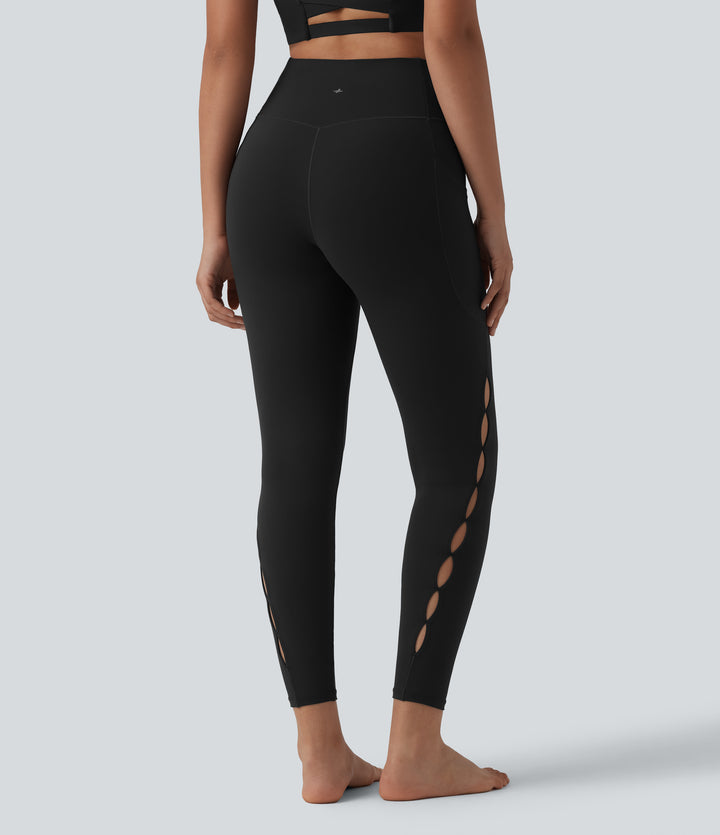 Crossover High Waisted Cut-out Yoga 7/8 Leggings with Pockets — Black — view 1
