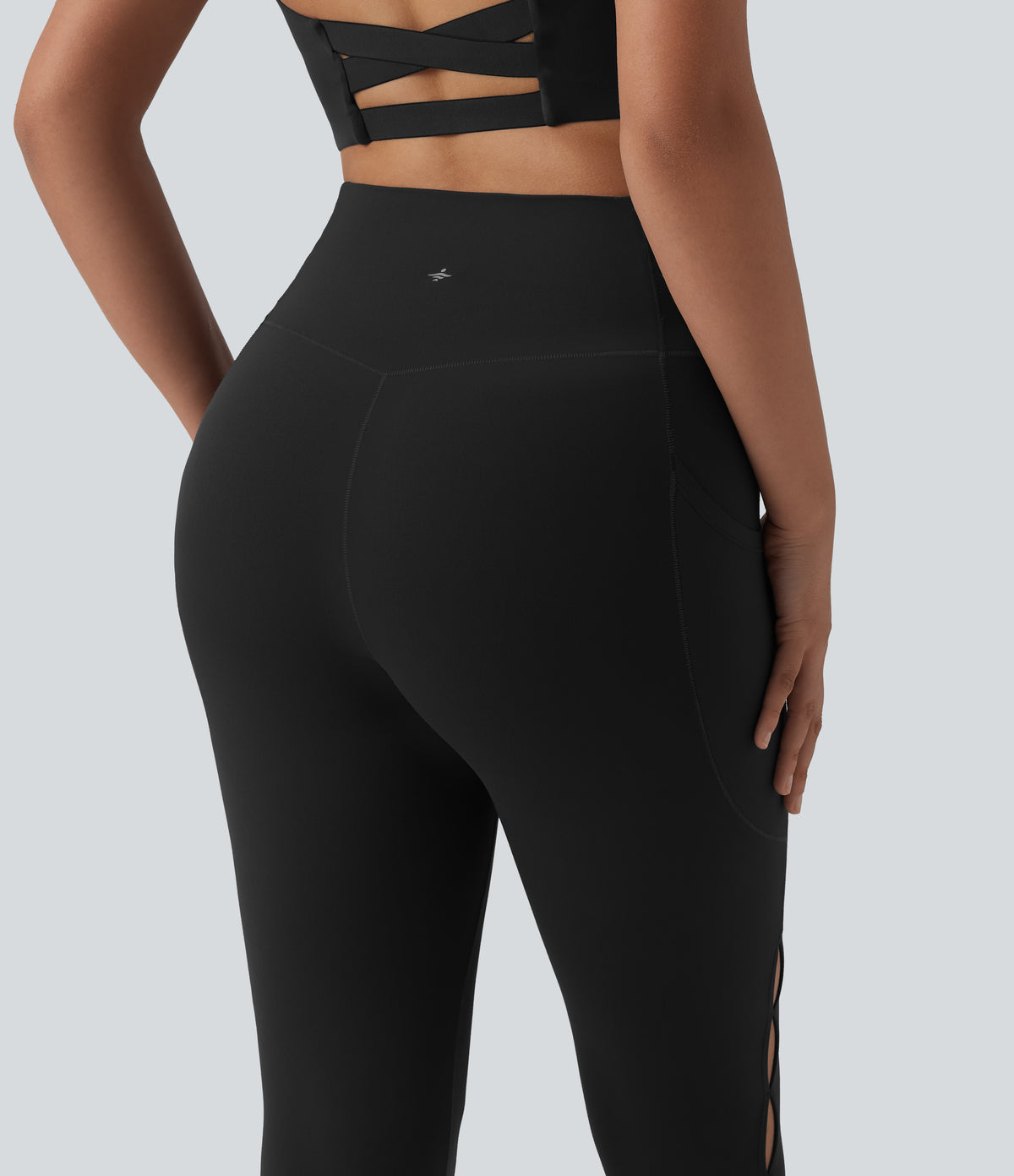 Crossover High Waisted Cut-out Yoga 7/8 Leggings with Pockets — Black — view 5