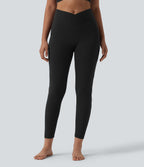 Crossover High Waisted Cut-out Yoga 7/8 Leggings with Pockets — Black — view 2