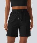 Airy High Waisted Drawstring InstantCool Yoga Bermuda Shorts with Pockets-UPF50+ — Black — view 6