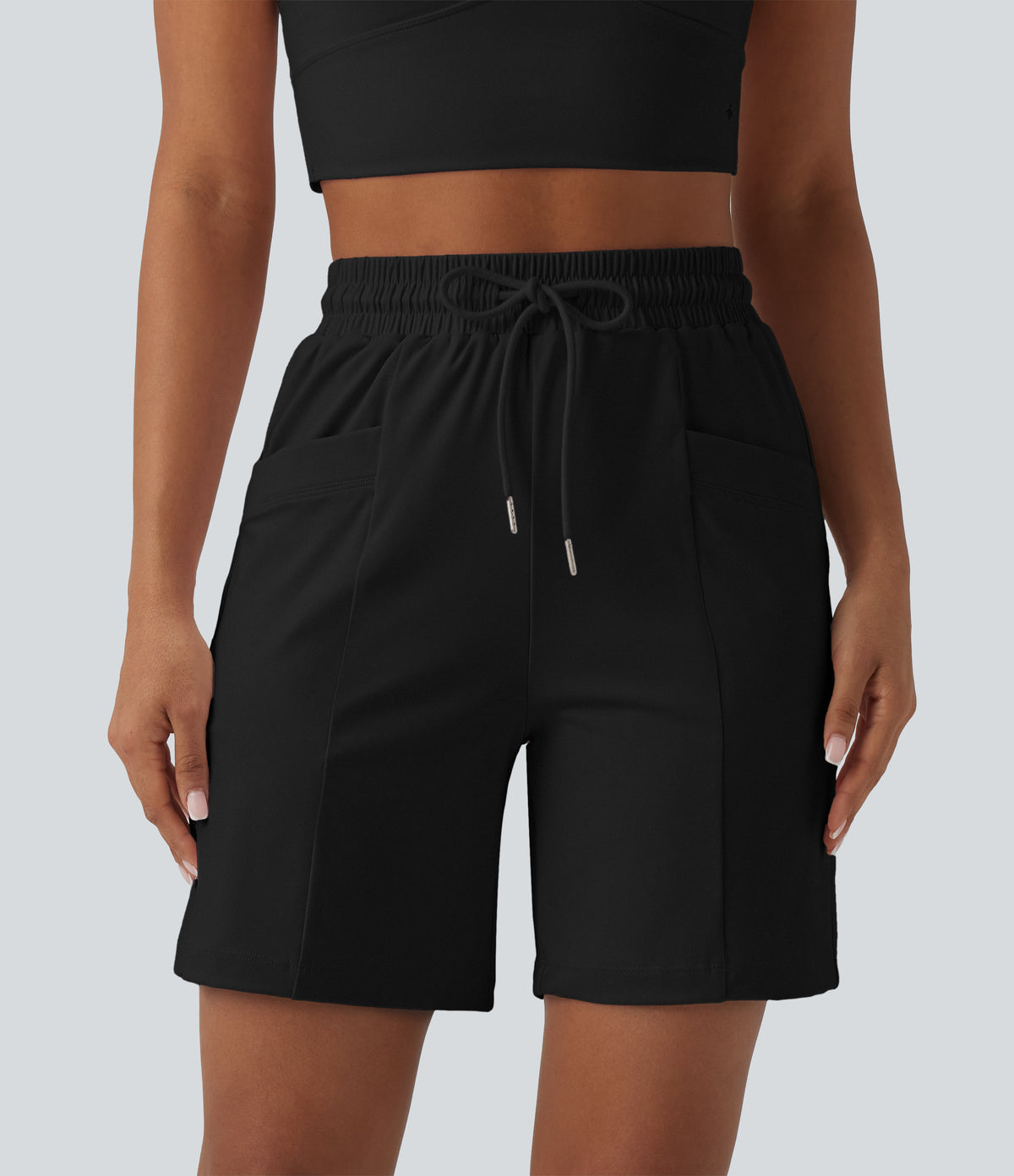 Airy High Waisted Drawstring InstantCool Yoga Bermuda Shorts with Pockets-UPF50+ — Black — view 6