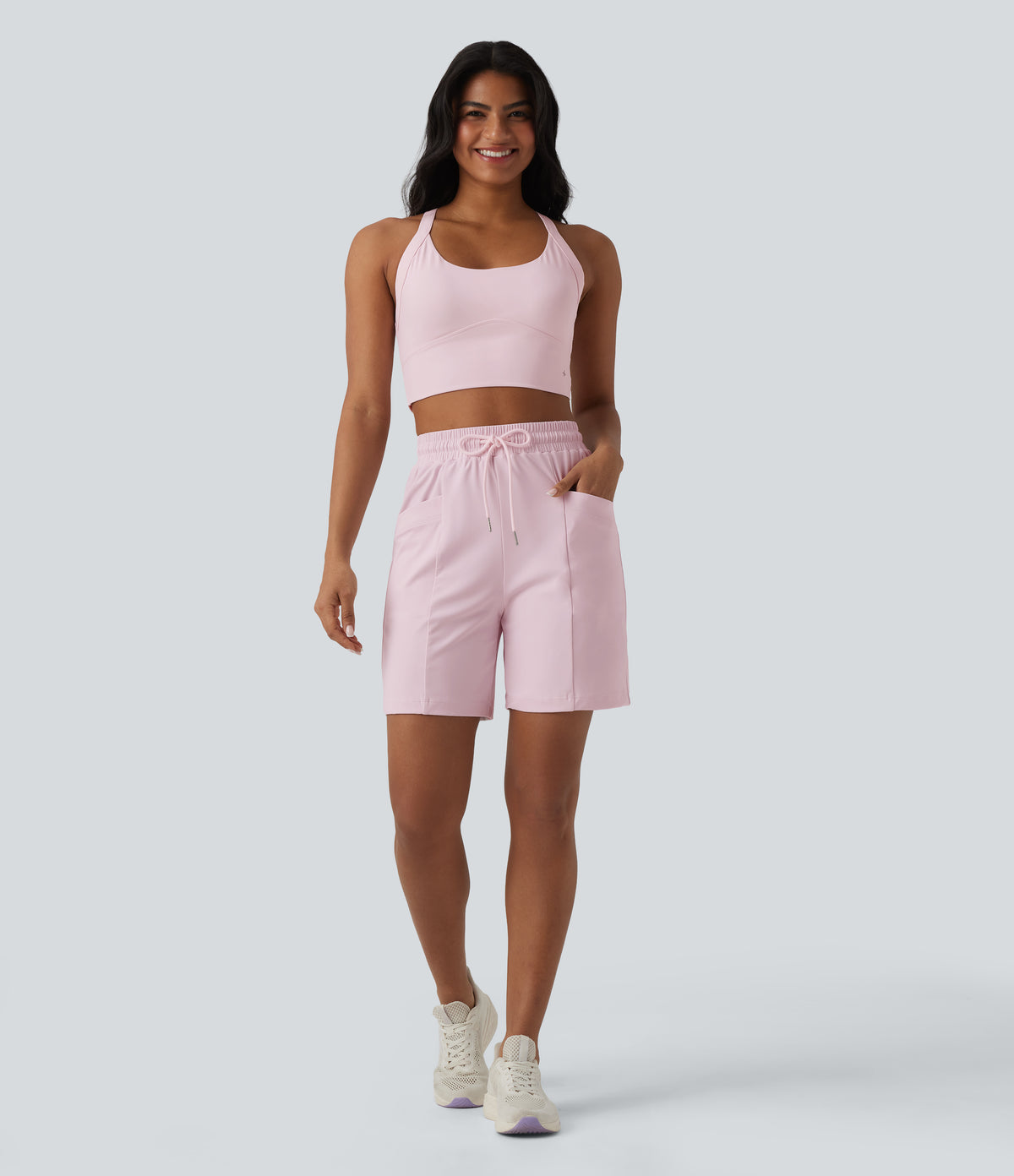 Airy High Waisted Drawstring InstantCool Yoga Bermuda Shorts with Pockets-UPF50+ — Chiffon White — view 5
