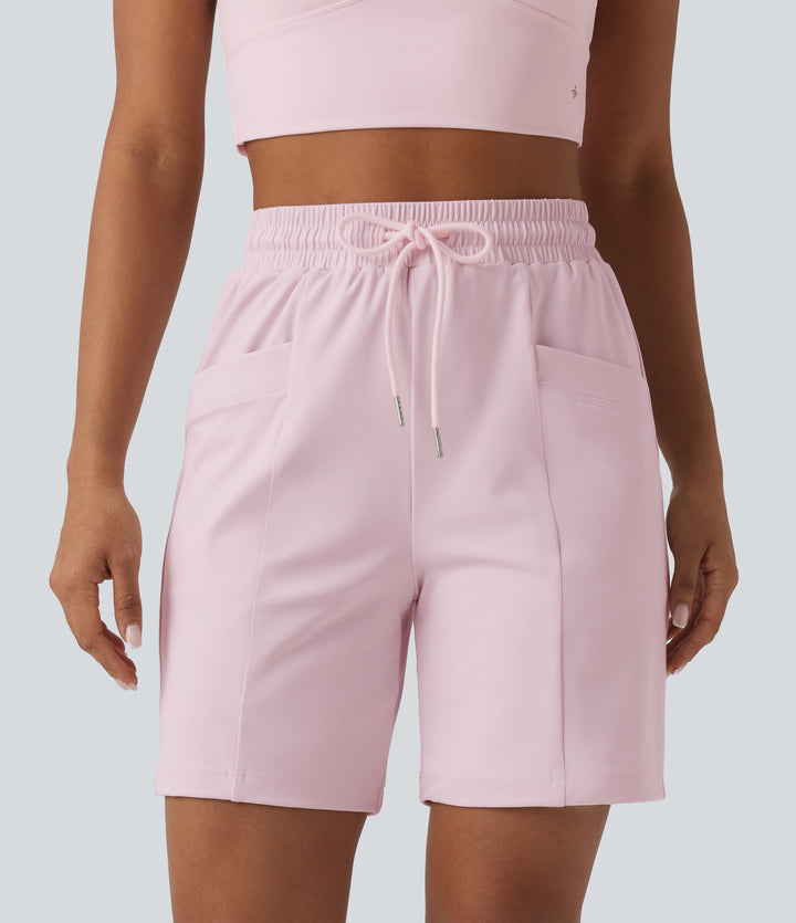 Airy High Waisted Drawstring InstantCool Yoga Bermuda Shorts with Pockets-UPF50+ — Chiffon White — view 1