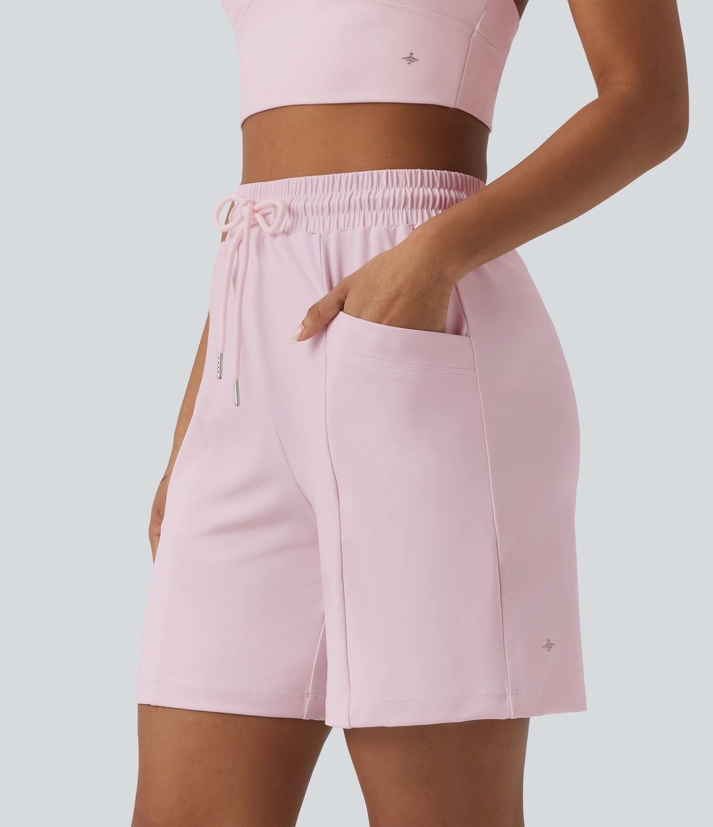 Airy High Waisted Drawstring InstantCool Yoga Bermuda Shorts with Pockets-UPF50+ — Chiffon White — view 3