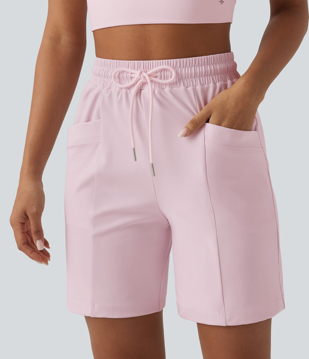 Airy High Waisted Drawstring InstantCool Yoga Bermuda Shorts with Pockets-UPF50+ — Chiffon White — view 4