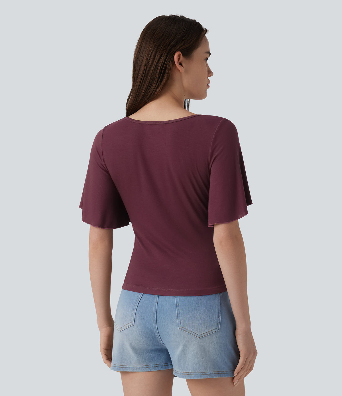 Ribbed Square Neck Butterfly Sleeve Ruched Casual T-Shirt — Maroon Banner — view 2