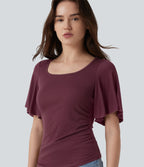 Ribbed Square Neck Butterfly Sleeve Ruched Casual T-Shirt — Maroon Banner — view 1