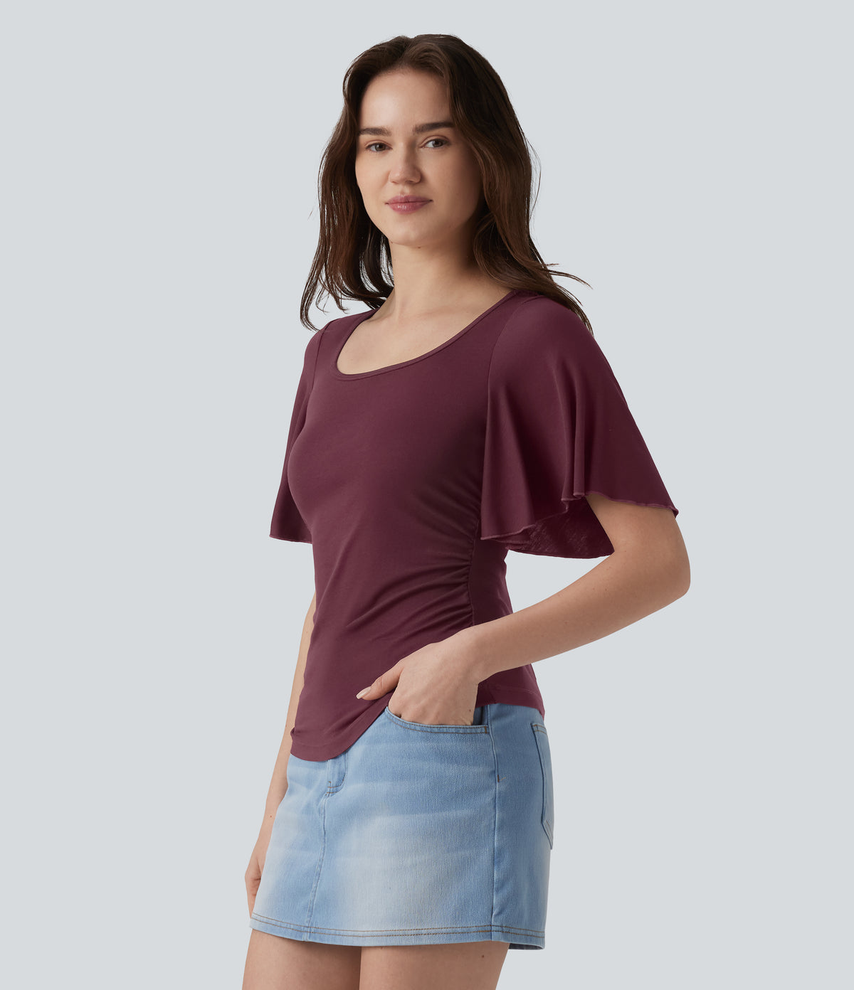 Ribbed Square Neck Butterfly Sleeve Ruched Casual T-Shirt — Maroon Banner — view 3