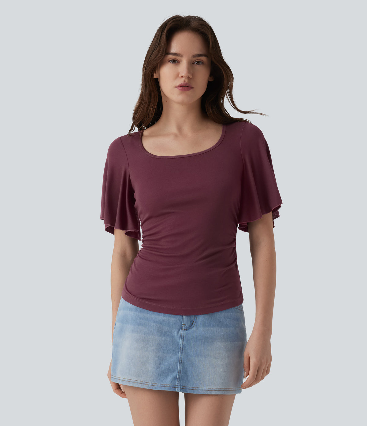 Ribbed Square Neck Butterfly Sleeve Ruched Casual T-Shirt — Maroon Banner — view 4