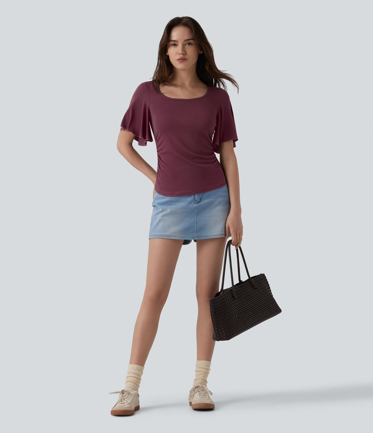 Ribbed Square Neck Butterfly Sleeve Ruched Casual T-Shirt — Maroon Banner — view 5