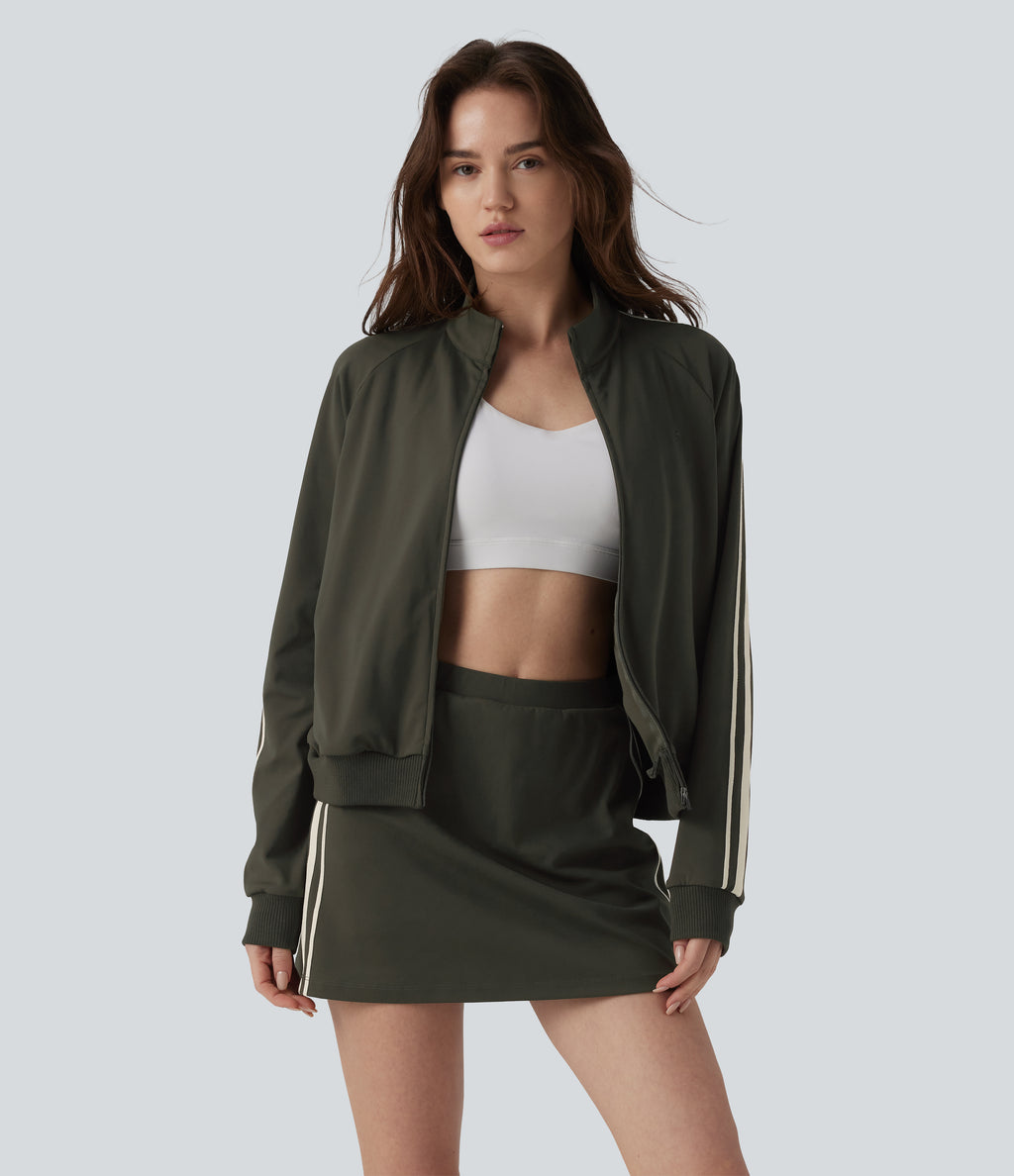 Stand Collar Color Block Stripes Workout Jacket with Pockets — Forest Night — view 2