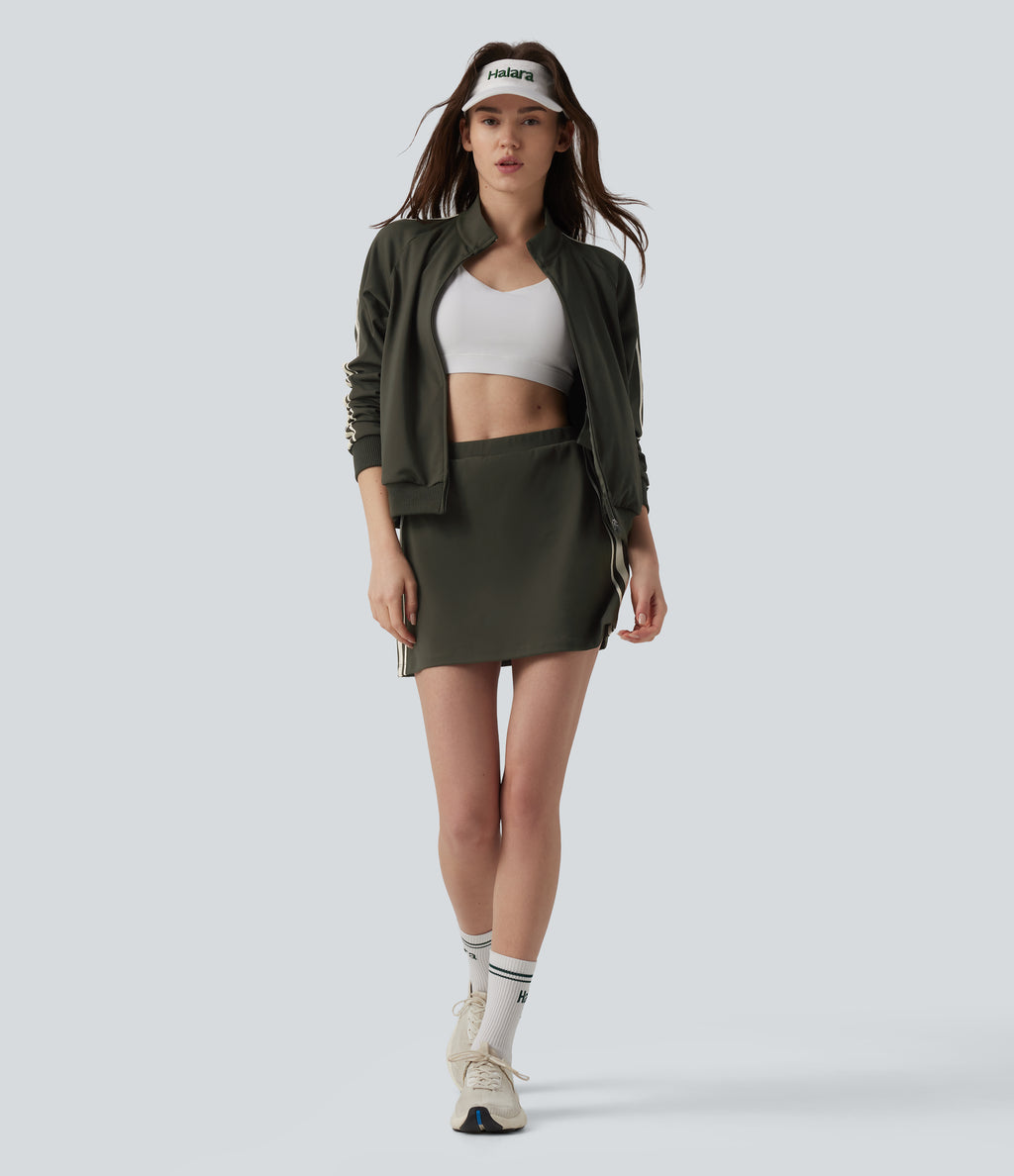 Stand Collar Color Block Stripes Workout Jacket with Pockets — Forest Night — view 6