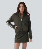 Stand Collar Color Block Stripes Workout Jacket with Pockets — Forest Night — view 5