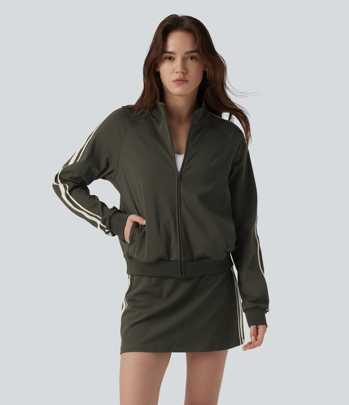 Stand Collar Color Block Stripes Workout Jacket with Pockets — Forest Night — view 5