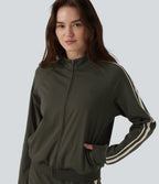Stand Collar Color Block Stripes Workout Jacket with Pockets — Forest Night — view 1