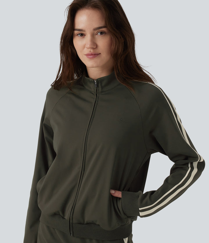Stand Collar Color Block Stripes Workout Jacket with Pockets — Forest Night — view 1