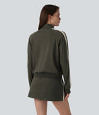 Stand Collar Color Block Stripes Workout Jacket with Pockets — Forest Night — view 3